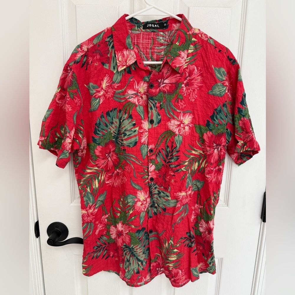 Jogal Tropical Red Green Floral Hawaiian Shirt Men’s Size M - Picture 2 of 6